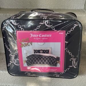 Juicy Couture Black/Pink JC Monogram 8pc KING Set Comforter, Shams,Sheets,Pillow